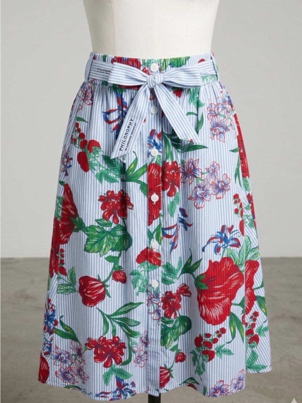 Philosophy Republic Size 2 Blue Striped Floral Button-Front Midi Skirt